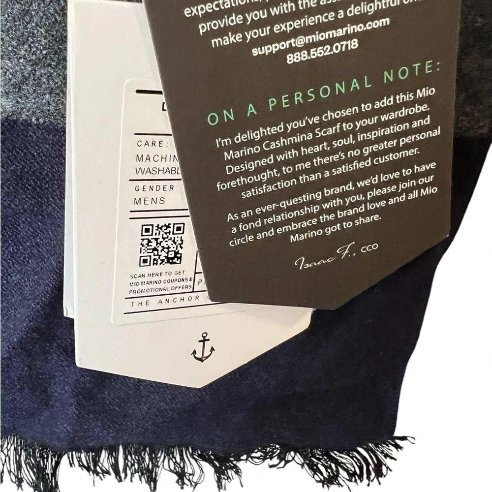 NWT Mio Marino The Anchor Collection Cashmere Feel 100% Cotton Scarf Navy / Gray